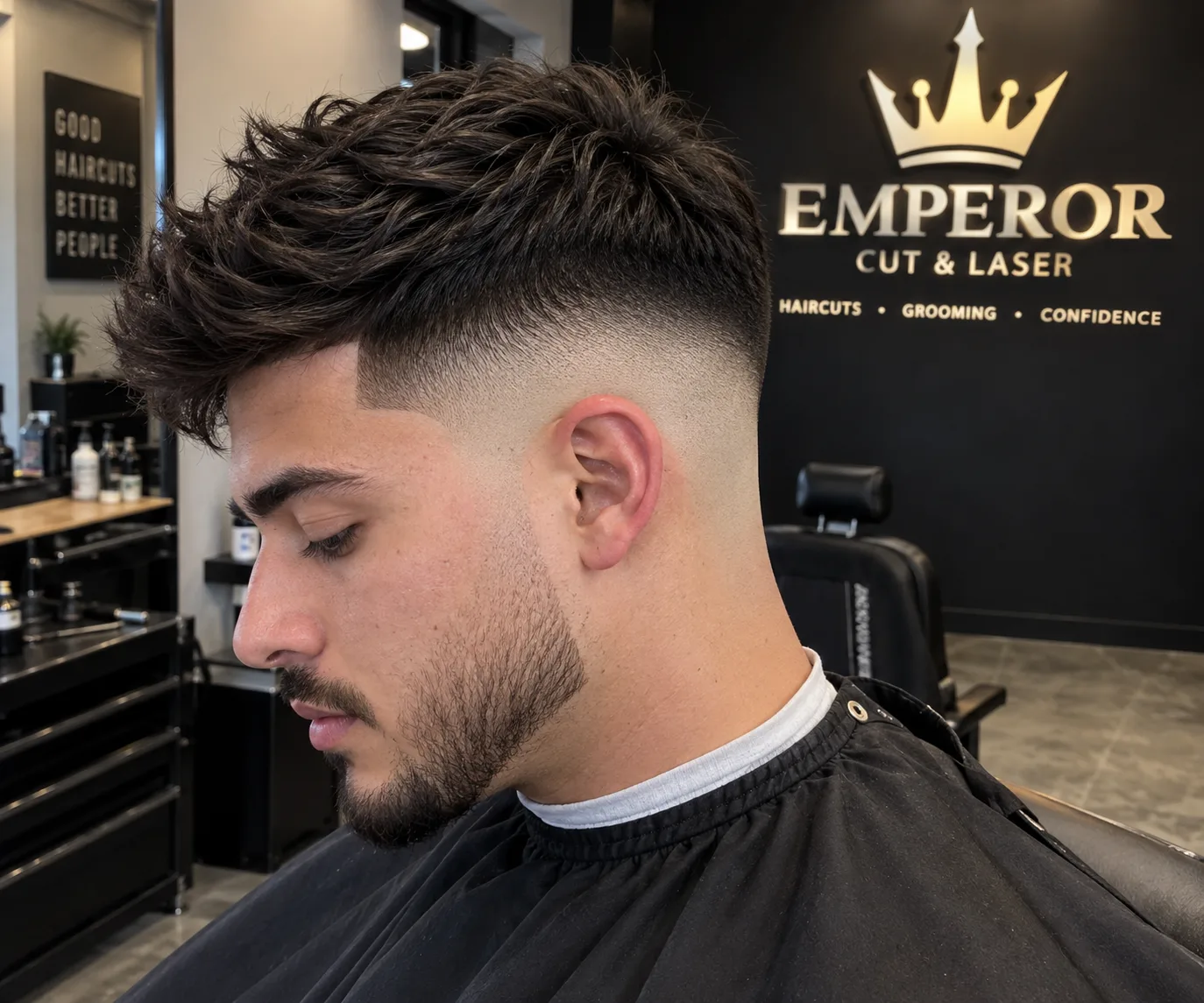Men's taper fade haircut with a natural neckline at Emperor Cut & Laser