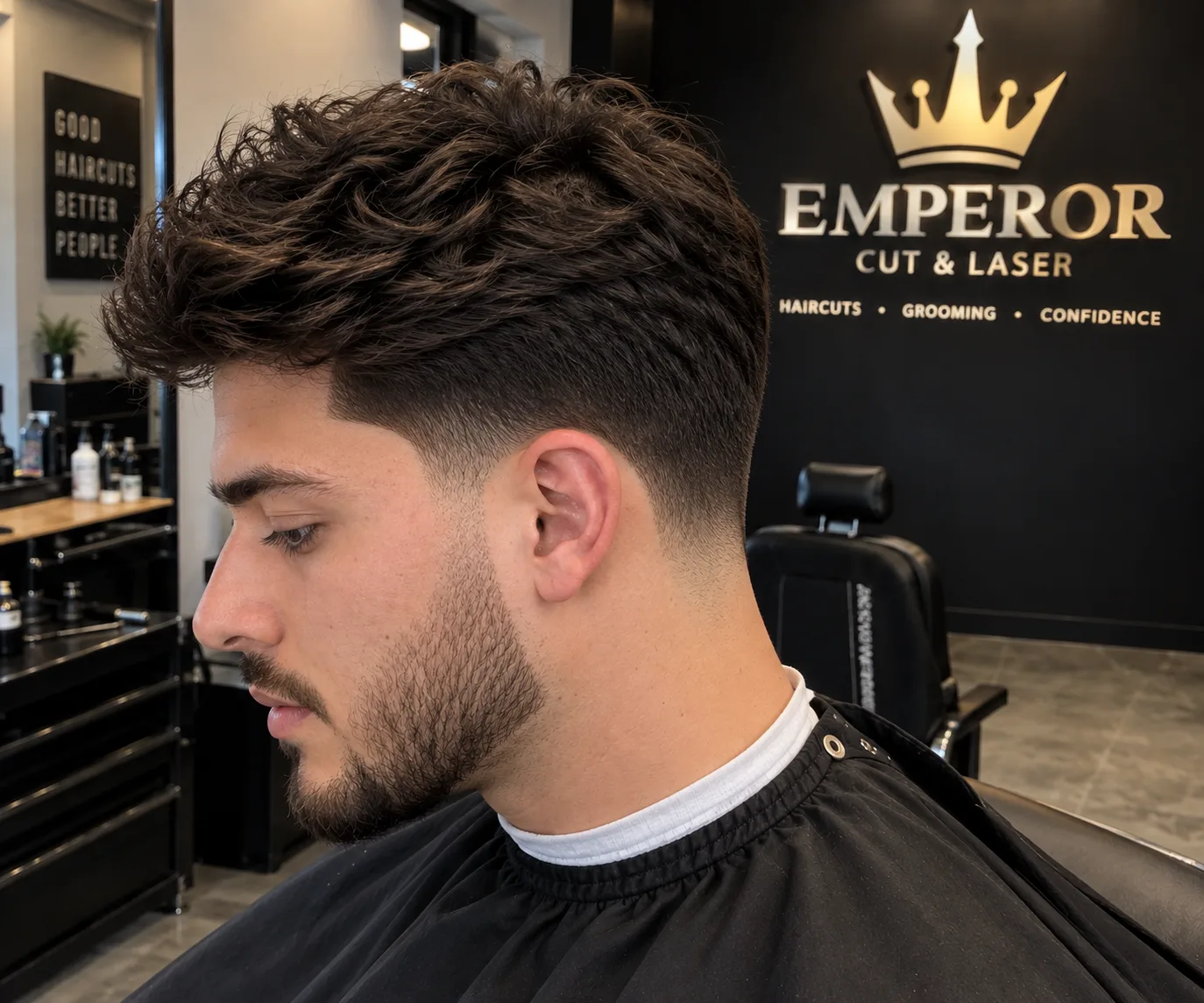 Clean skin fade haircut with a textured top at Emperor Cut & Laser